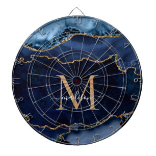 Chic Navy Blue Glitzer Agate Geode Monogram Dartscheibe