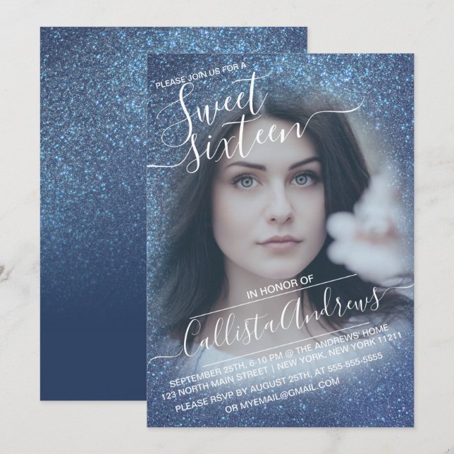 Chic Navy Blue Glitzer Ombre Foto Sweet 16 Einladung (Vorne/Hinten)