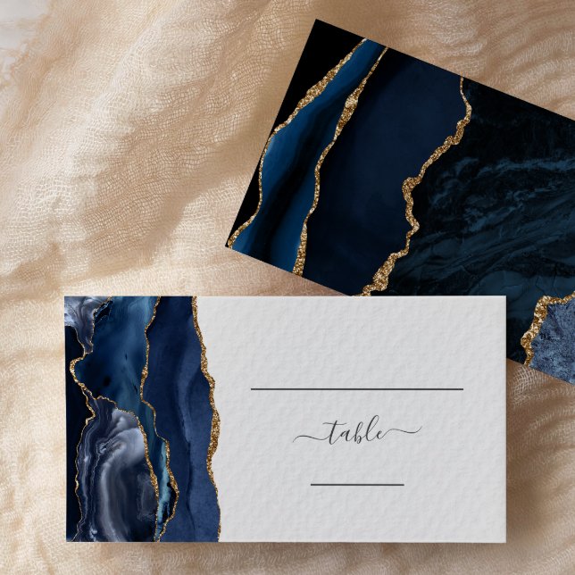 Chic Navy Blue Gold Agate Wedding Escort Platzkarte (Von Creator hochgeladen)