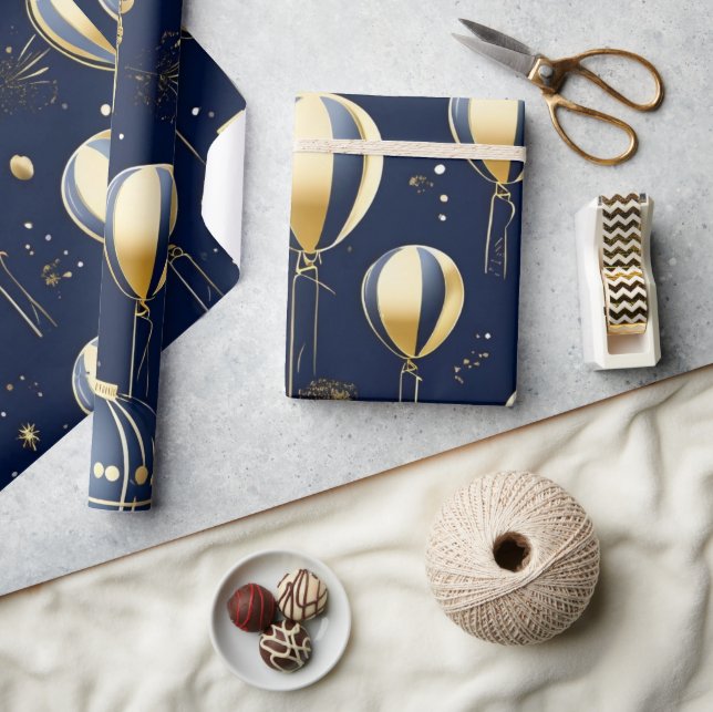 Chic Navy Blue Gold Balloon feiert Geburtstag Geschenkpapier (Kunsthandwerk)