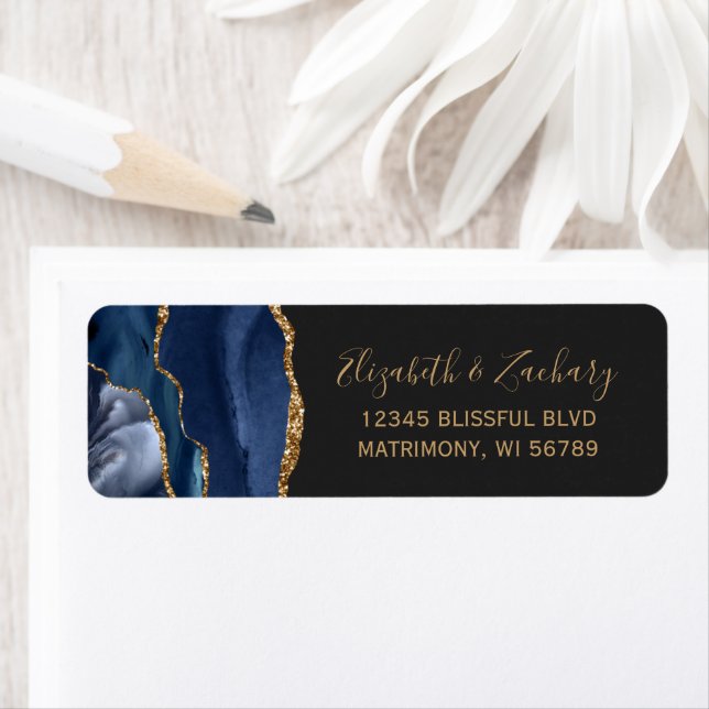 Chic Navy Blue Gold Dark Wedding Rücksendeadresse (Insitu)