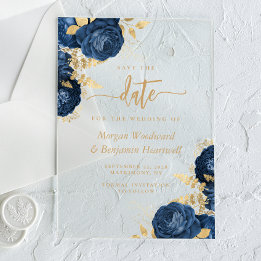 Chic Navy Blue Gold Floral Wedding Save the Date Acryleinladungen
