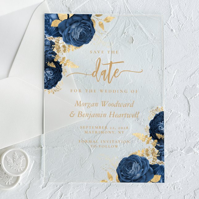 Chic Navy Blue Gold Floral Wedding Save the Date Acryleinladungen (Von Creator hochgeladen)