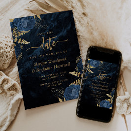 Chic Navy Blue Gold Floral Wedding Save the Date Einladung