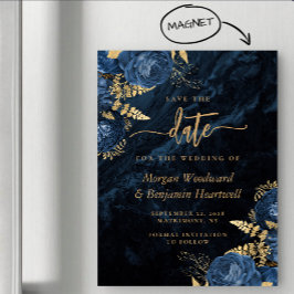 Chic Navy Blue Gold Floral Wedding Save the Date Magneteinladung