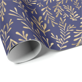 Chic Navy Blue Gold Foliage Muster  Geschenkpapier