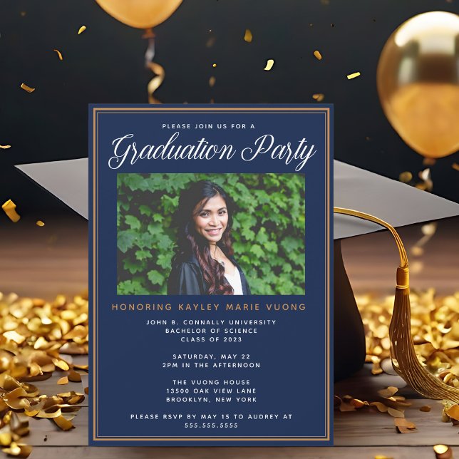 Chic Navy Blue Gold Foto Graduation Party Einladung (Von Creator hochgeladen)