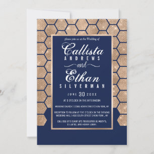 Chic Navy Blue Gold Glitzer Hexagon Geo Wedding Einladung