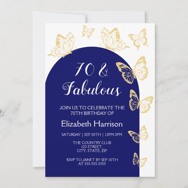 Chic Navy Blue Gold Schmetterlinge Fabulous Geburt Einladung (Vorderseite)