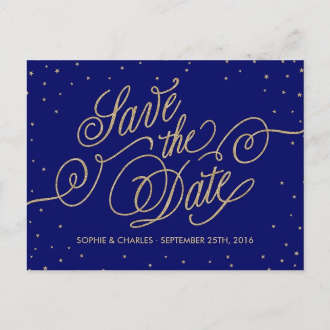 Chic Navy Blue & Gold Stars Save the Date Postcard Ankündigungspostkarte (Vorderseite)