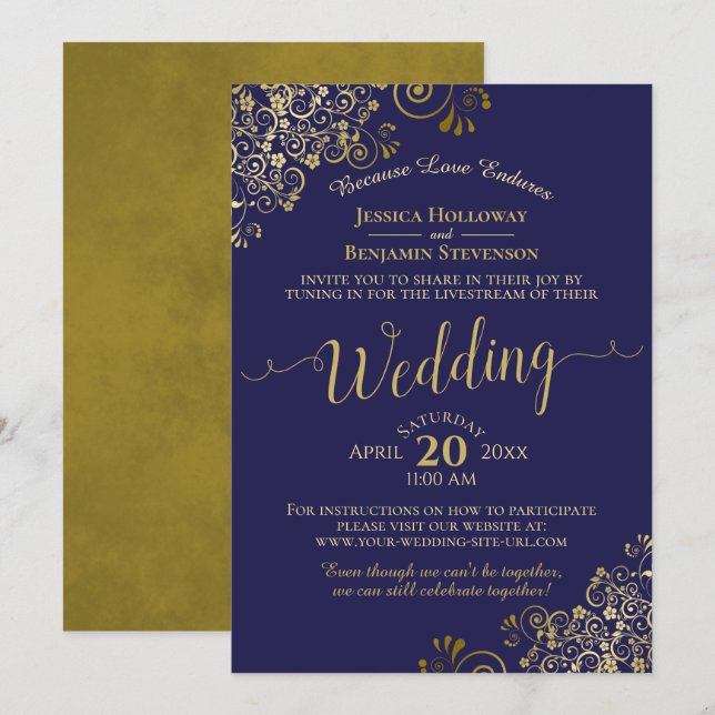 Chic Navy Blue & Gold Virtual Wedding Livestream Einladung (Vorne/Hinten)