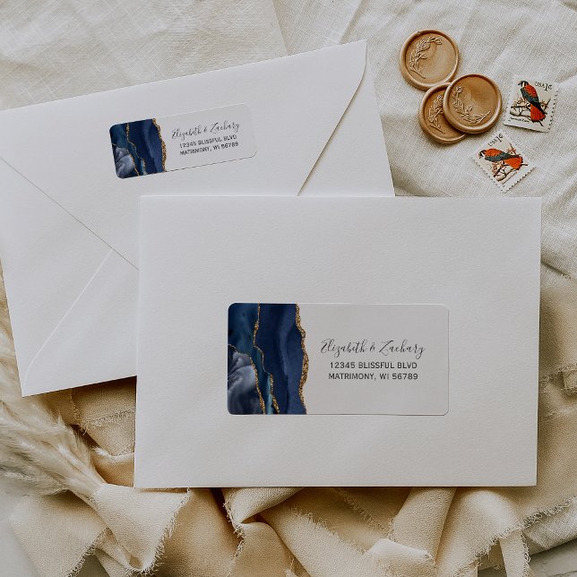 Chic Navy Blue Gold Wedding Rücksendeadresse (Von Creator hochgeladen)