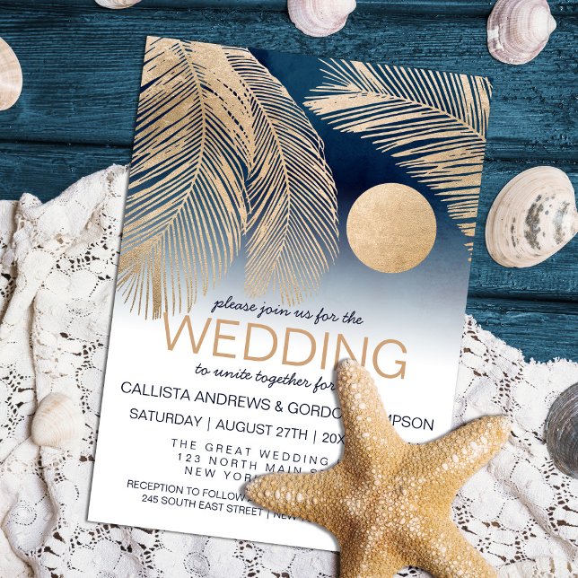 Chic Navy Blue Gold White Palm Tree Leaf Wedding Einladung (Von Creator hochgeladen)