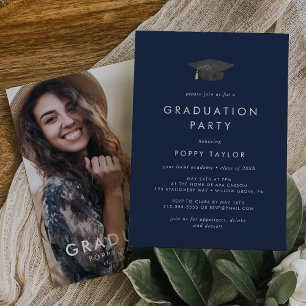 Chic Navy Blue Grad Cap Foto Graduation Party Einladung