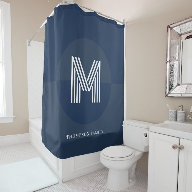 Chic Navy Blue Gray Geometric Modern Monogram Duschvorhang (Beispiel)