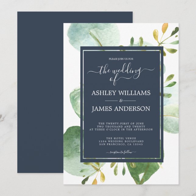 Chic Navy Blue Green Eucalyptus Botanical Wedding Einladung (Vorne/Hinten)