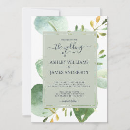 Chic Navy Blue Green Eucalyptus Botanical Wedding Einladung