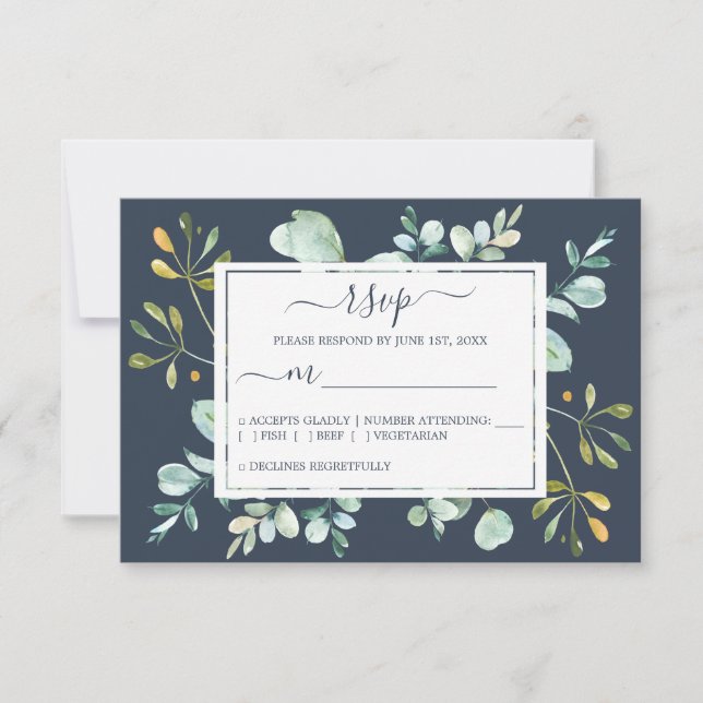 Chic Navy Blue Green Eucalyptus Botanical Wedding RSVP Karte (Vorderseite)