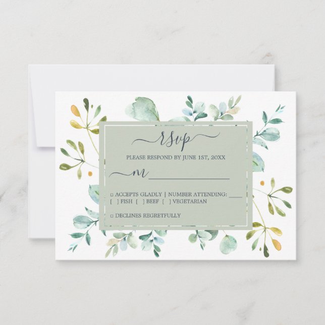 Chic Navy Blue Green Eucalyptus Botanical Wedding RSVP Karte (Vorderseite)