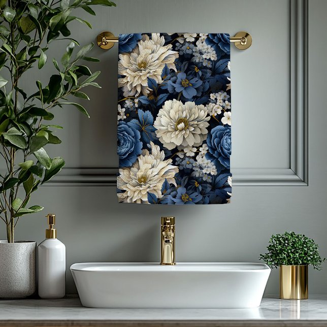 Chic Navy Blue Ivory Gold Flowers Bath Towel (Chic Navy Blue Ivory Gold Flowers Bath Towel)