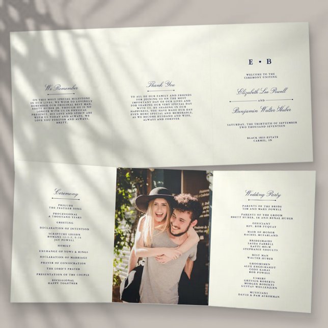 Chic Navy Blue & Ivory Wedding Dreifach-gefaltete Programmkarte (Von Creator hochgeladen)