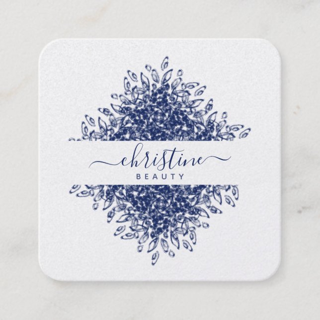 Chic Navy Blue Mandala Zeichne Skriptsignatur Quadratische Visitenkarte (Vorderseite)