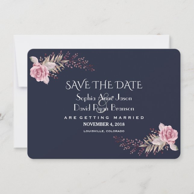 Chic Navy Blue Maroon Boho Floral Save the Date (Vorderseite)