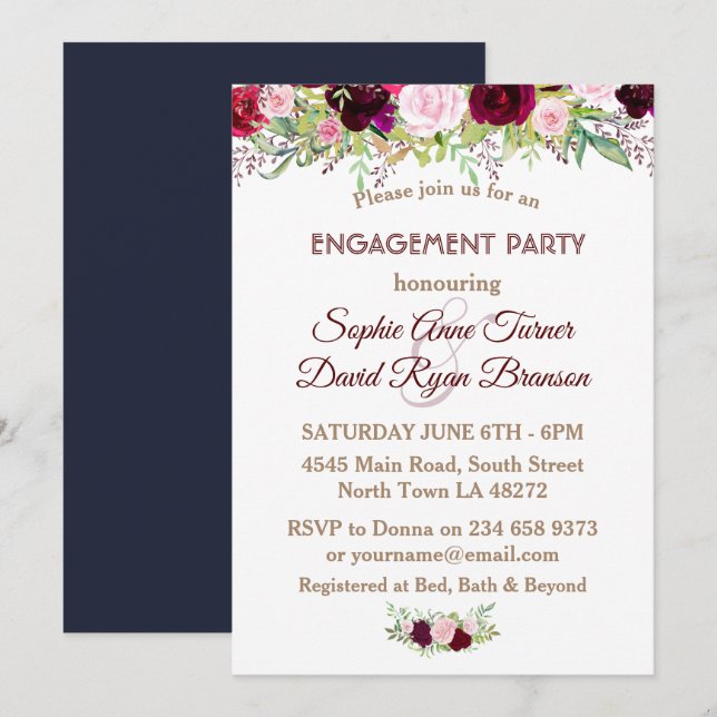 Chic Navy Blue Marsala Floral Engagement Party Einladung (Vorne/Hinten)