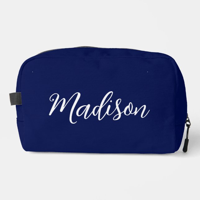 Chic Navy Blue Name Custom Handwritten Script Waschbeutel (Vorderseite)