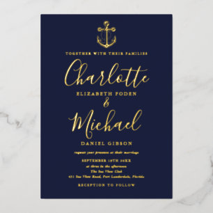 Chic Navy Blue Nautical Anchor Wedding Gold Foil Folieneinladung