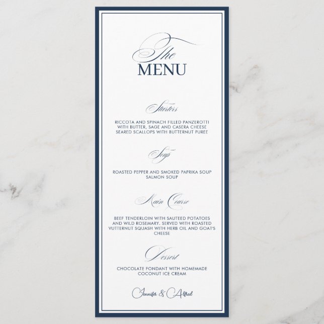 Chic Navy Blue Old Money Wedding Dinner Menu Card Menükarte (Vorderseite)