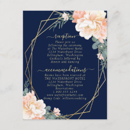Chic Navy Blue Peach Floral Gold Hochzeiten Detail Begleitkarte