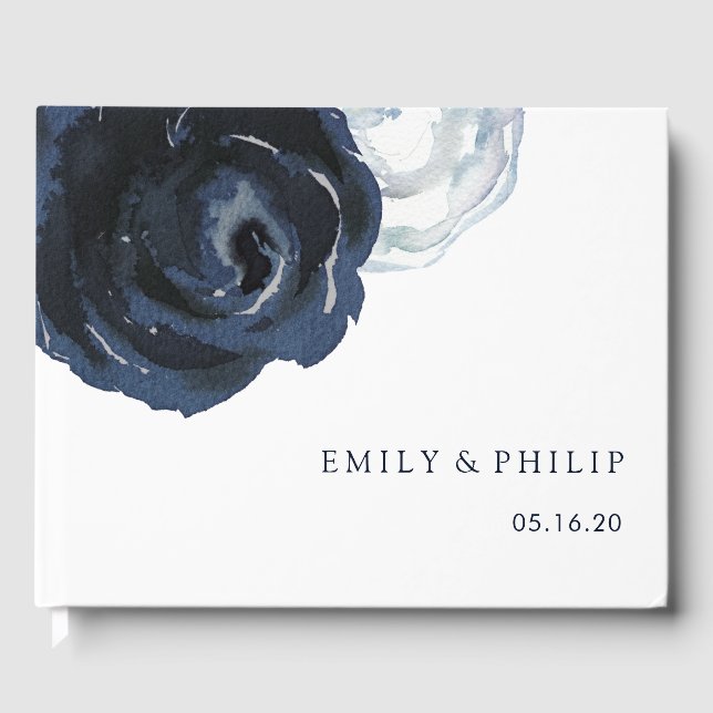 Chic Navy Blue Peony Floral Wedding Gästebuch (Vorderseite)