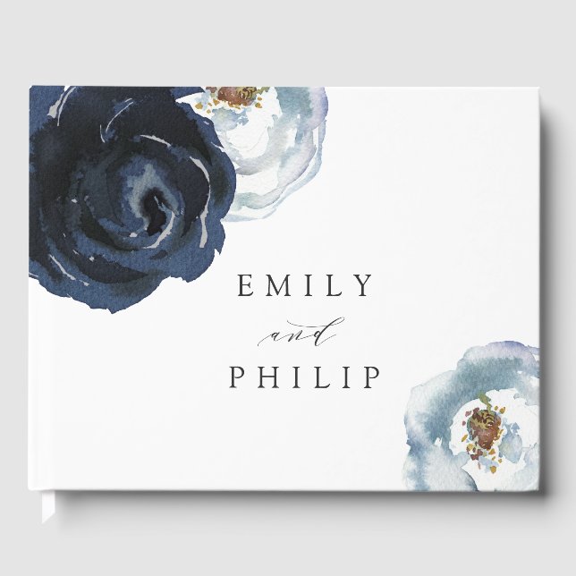 Chic Navy Blue Peony Floral Wedding Gästebuch (Vorderseite)