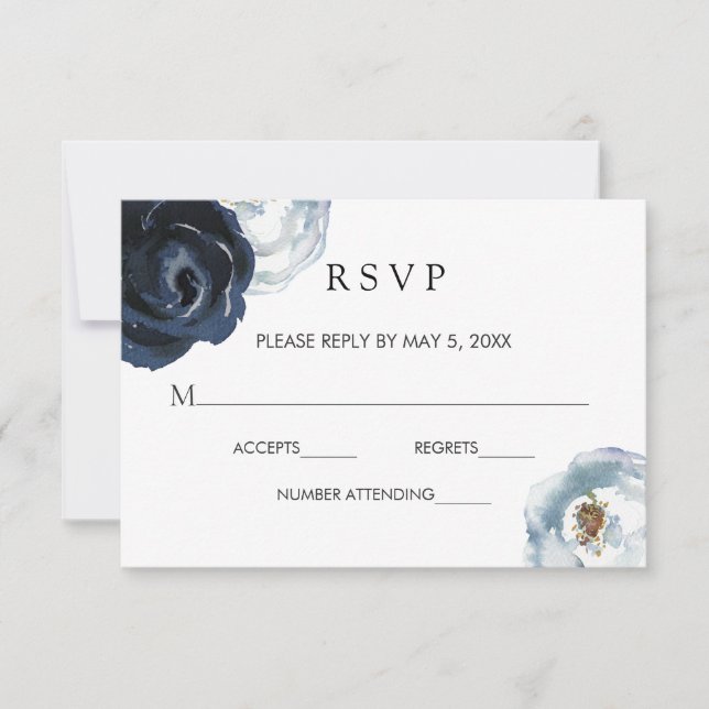 Chic Navy Blue Peony Floral Wedding RSVP Card (Vorderseite)