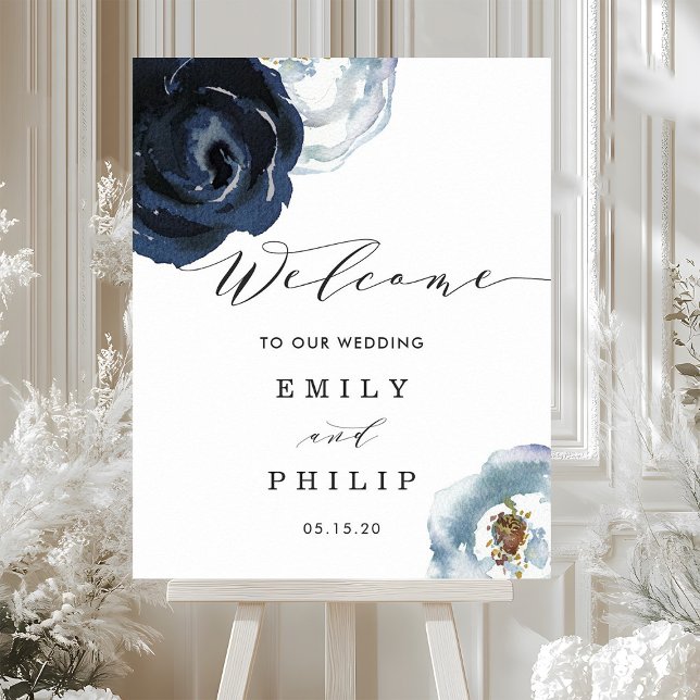 Chic Navy Blue Peony Floral Wedding Willkommen Poster (Von Creator hochgeladen)