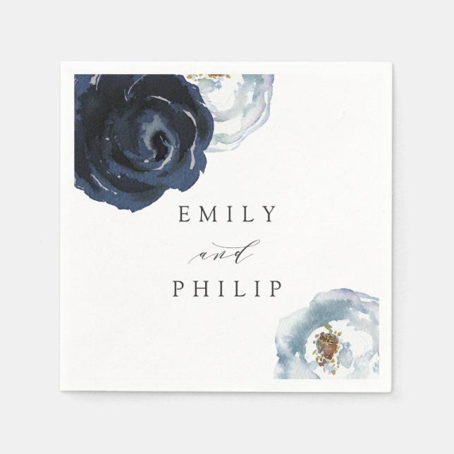 Chic Navy Blue Peony Floral Wedpaper Napkin Serviette (Vorderseite)