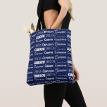 Chic Navy Blue Personalized Name Collage Tasche<br><div class="desc">Modern navy blue name collage allover tote bag decorated in nine different fonts customized with your name. Chic custom gift with cool typography in cursive text.</div>