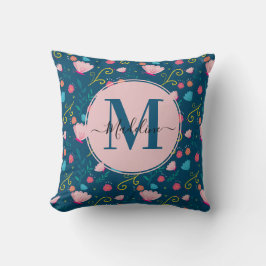 Chic Navy Blue Pink Butterfly Blume Monogram Kissen