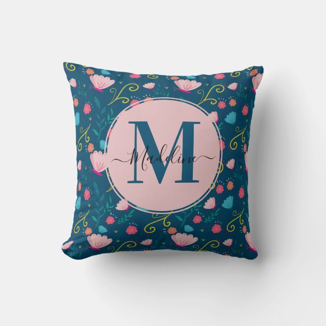 Chic Navy Blue Pink Butterfly Blume Monogram Kissen (Vorderseite)