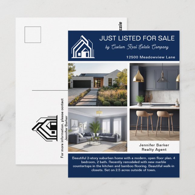 Chic Navy Blue Real Estate Company Home Listing Postkarte (Vorne/Hinten)