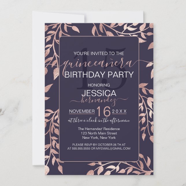 Chic Navy Blue Rose Gold Floral Blätter Quinceañer Einladung (Vorderseite)