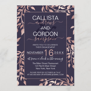 Chic Navy Blue Rose Gold Floral Blätter Verlobung Einladung