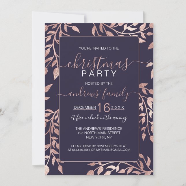 Chic Navy Blue Rose Gold Floral Blätter Weihnachte Einladung (Vorderseite)