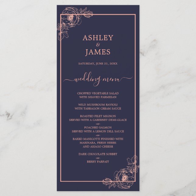 Chic Navy Blue Rose Gold Floral Kontur Hochzeit Menükarte (Vorderseite)