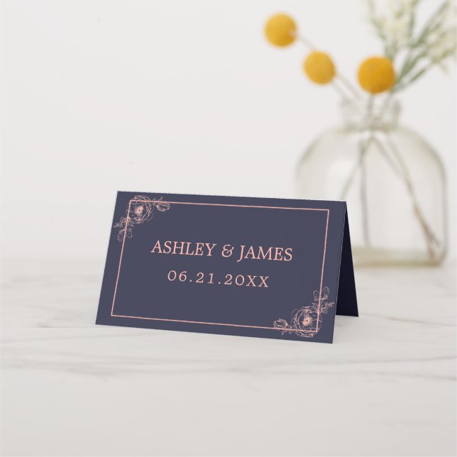 Chic Navy Blue Rose Gold Floral Kontur Hochzeit Platzkarte (Vorderseite)