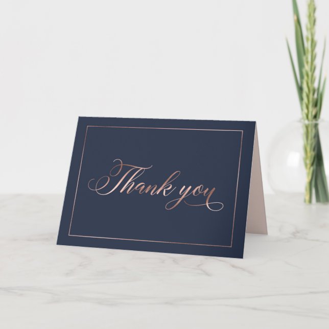 Chic Navy Blue & Rose Gold Foil Calligrafy Script Dankeskarte (Vorderseite)