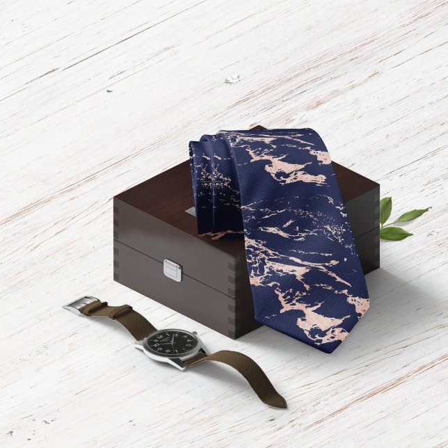 Chic Navy Blue Rose Gold Foil Marmor Krawatte (Von Creator hochgeladen)