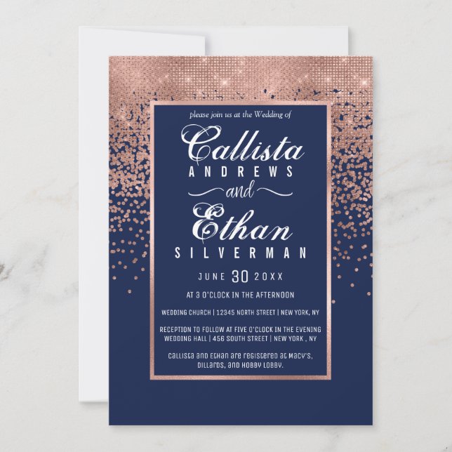 Chic Navy Blue Rose Gold Glitzer Confetti Wedding Einladung (Vorderseite)