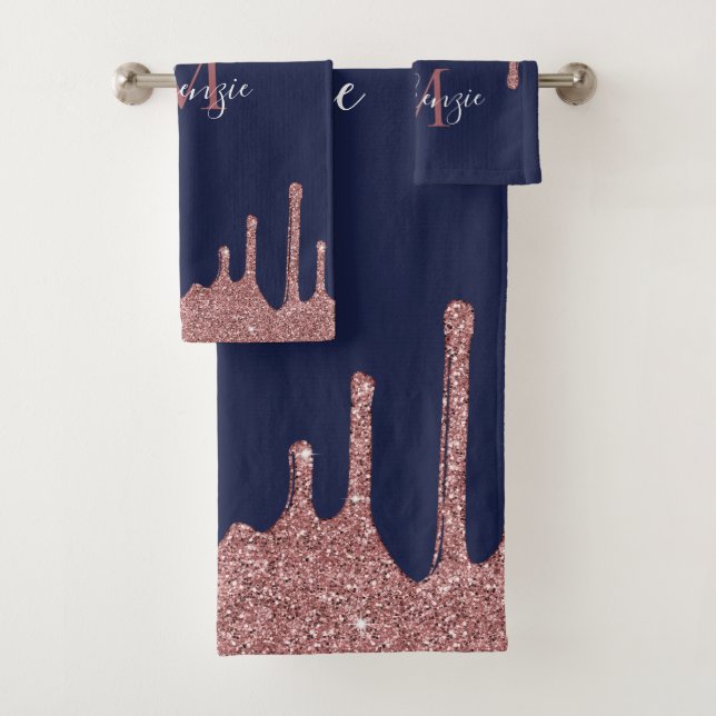 Chic Navy Blue Rose Gold Glitzer Sparkone Tropfen Badhandtuch Set (Insitu)